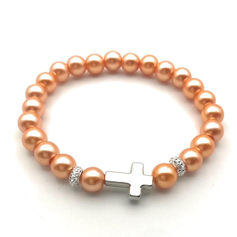 Orange Faux Pearl Side Cross Stretch Bracelet